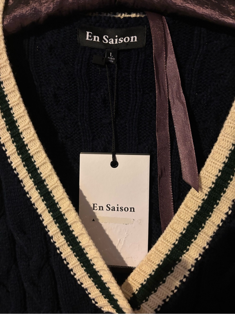 En Saison Navy V-Neck Cable Sweater with Cream & Dark Green Trim - Picture 2 of 4